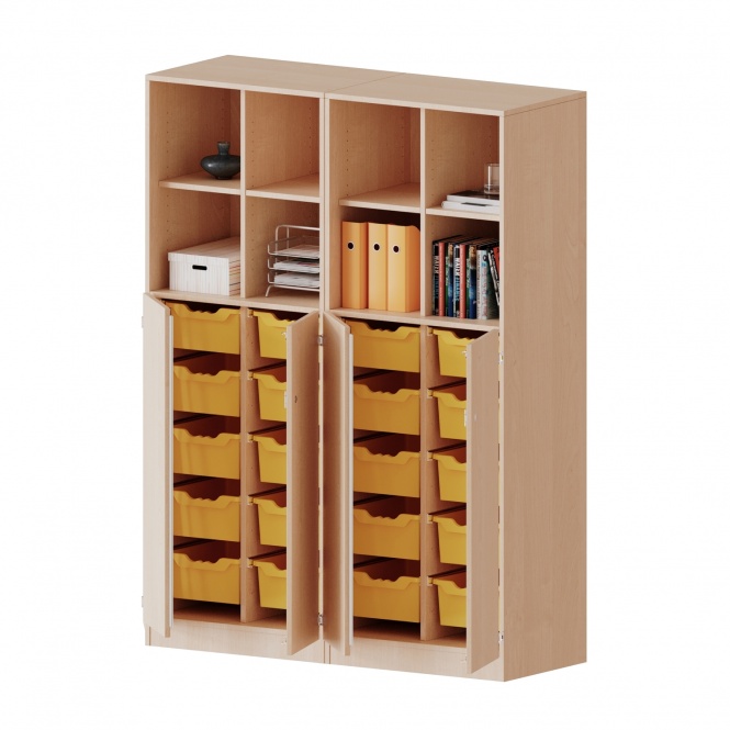 ErgoTray Schrank, 4reihig, 3OH unten Türen, 20 hohe Boxen, oben 2OH Regal, B/H/T 140,6x190x50cm 